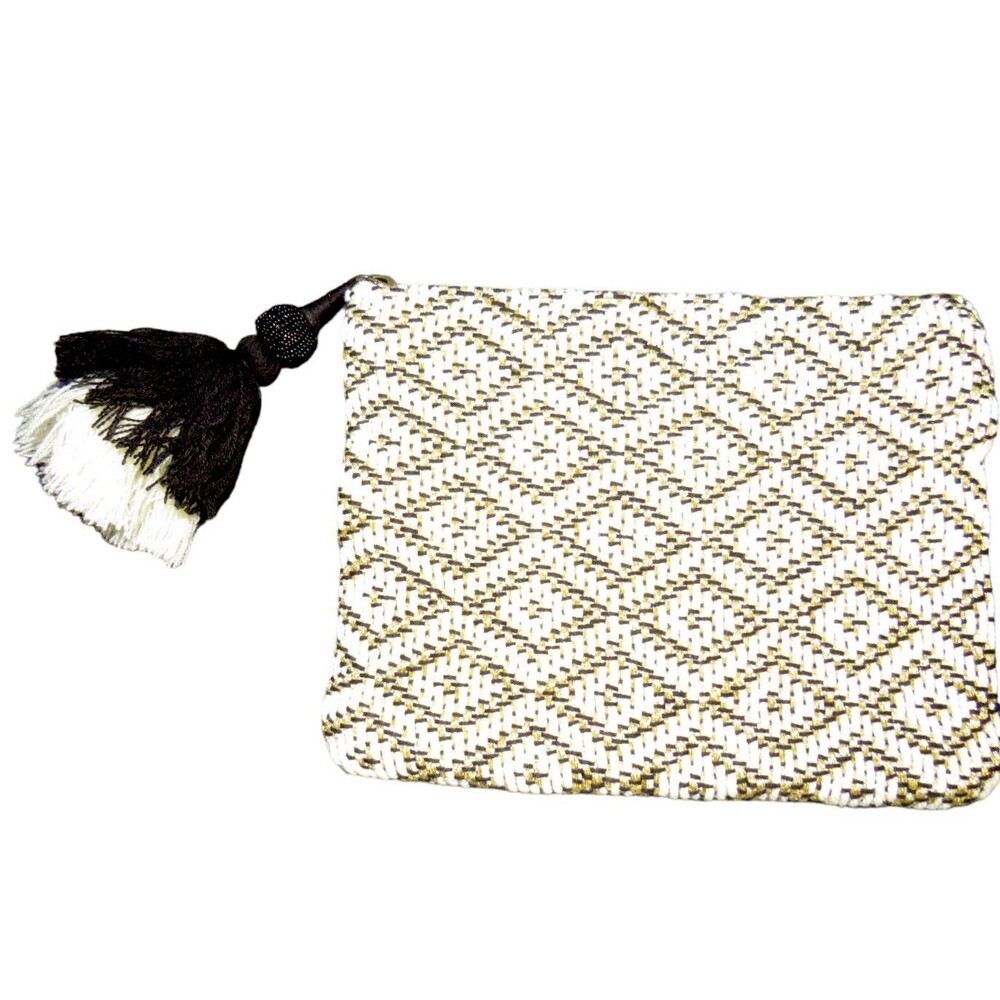 Universal Thread Beige Gold Black Boho Tassel Zip Pouch Clutch Bag